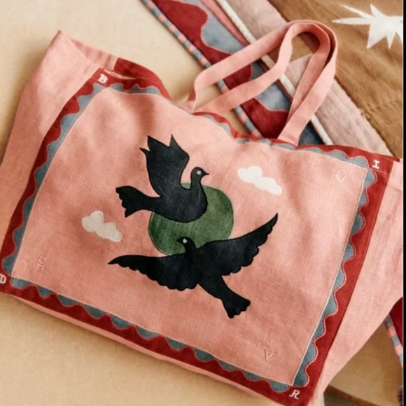 NWT Sezane x Pangea - Lovebirds Linen Tote Travel Bag RARE Still Has Tags - Picture 2 of 6